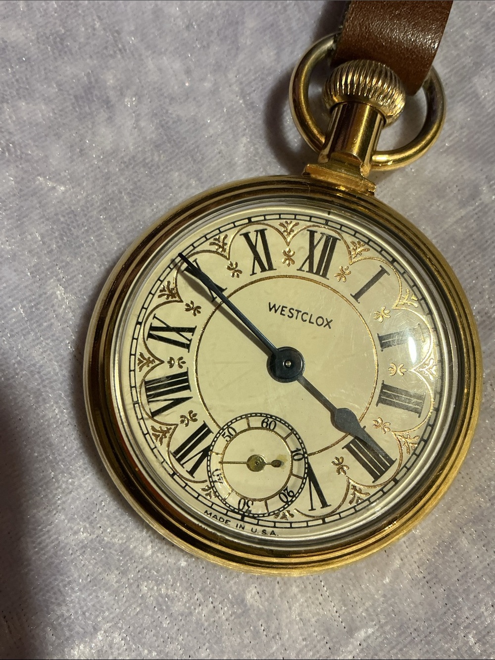 Goldtone Train Pocket Watch with Brown Leather Strap & Fob